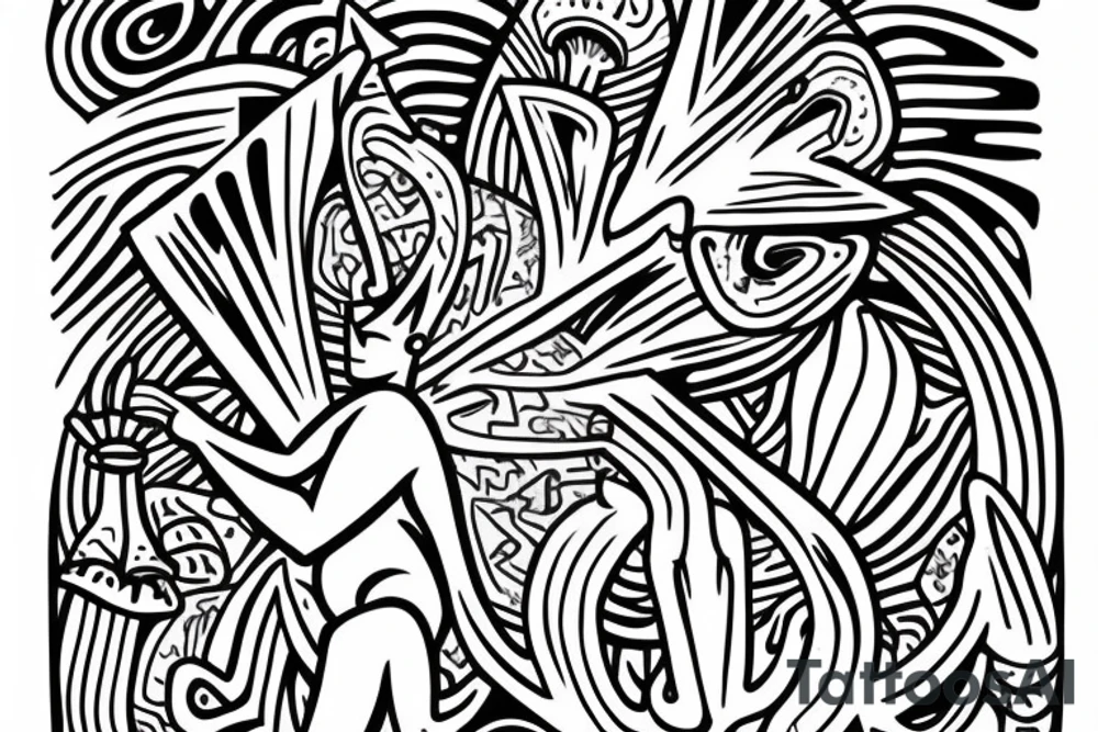 cave drawing of a shaman holding a mushroom, geometric curves tattoo idea