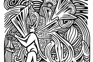 cave drawing of a shaman holding a mushroom, geometric curves tattoo idea