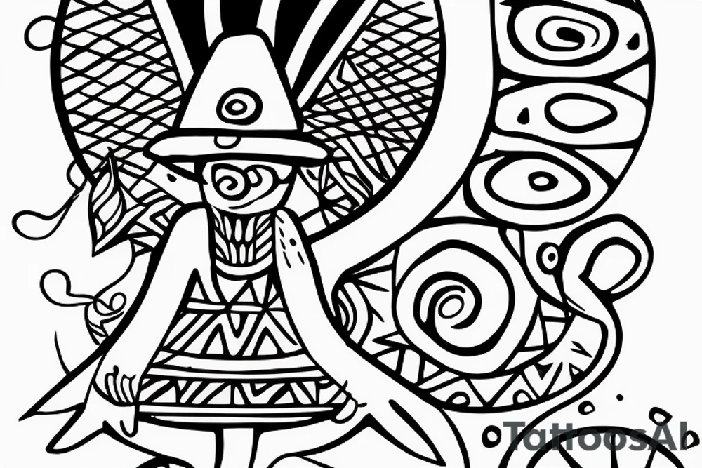 cave drawing of a shaman holding a mushroom, geometric curves tattoo idea