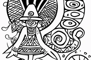 cave drawing of a shaman holding a mushroom, geometric curves tattoo idea