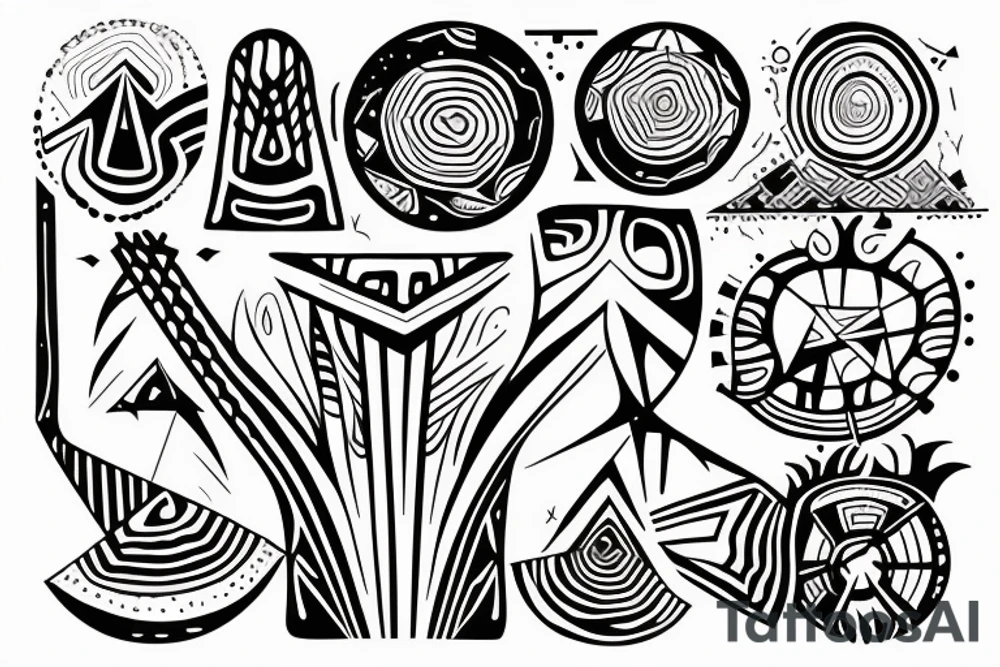 cave drawing of a shaman holding a mushroom, geometric curves, abstract tattoo idea