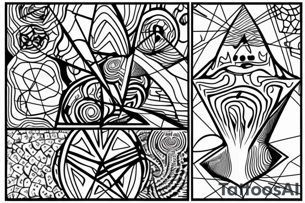 cave drawing of a shaman holding a mushroom, geometric curves, abstract tattoo idea