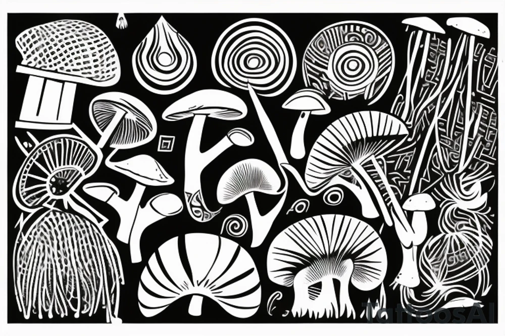 cave drawing of a shaman holding a mushroom, geometric curves, abstract tattoo idea