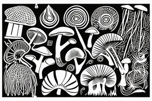 cave drawing of a shaman holding a mushroom, geometric curves, abstract tattoo idea