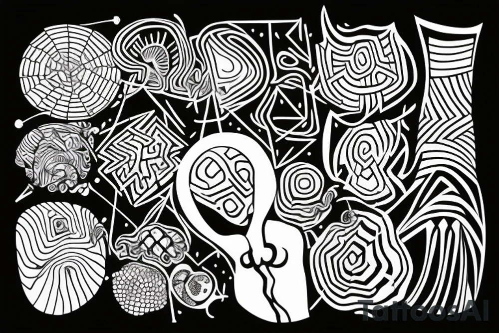 cave drawing of a shaman holding a mushroom, geometric curves, abstract tattoo idea