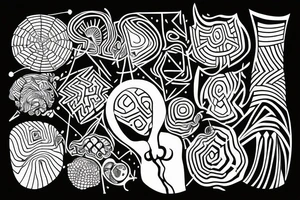 cave drawing of a shaman holding a mushroom, geometric curves, abstract tattoo idea