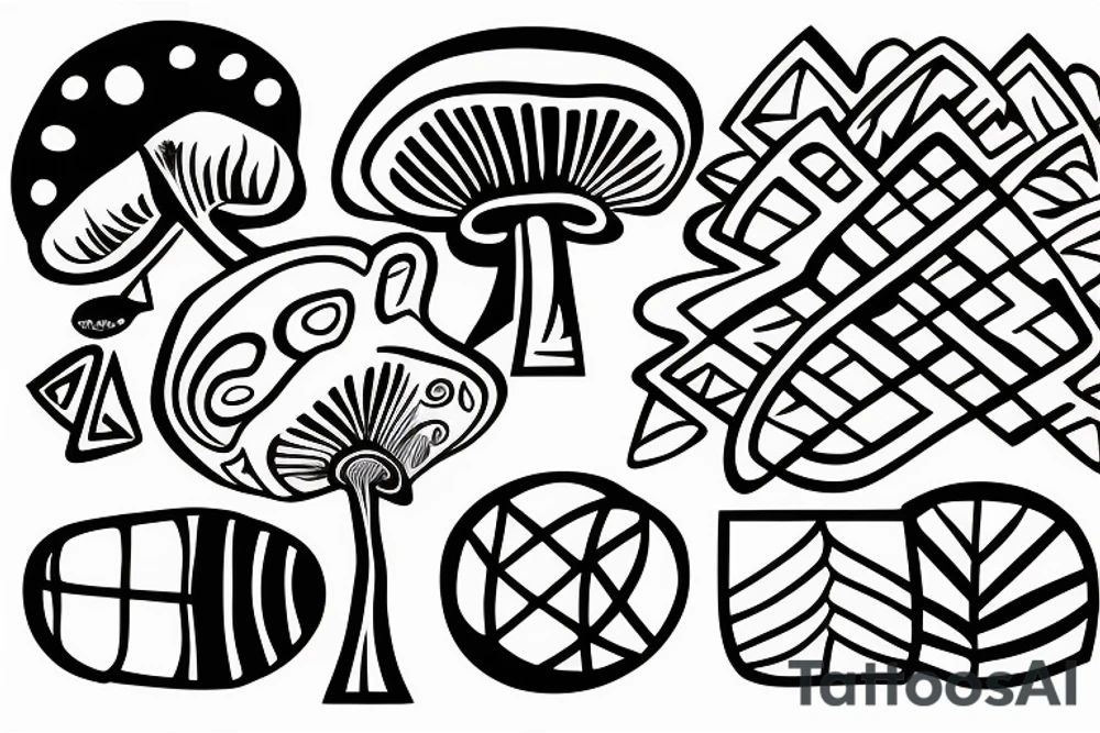 cave drawing of a shaman holding a mushroom, geometric curves, abstract tattoo idea