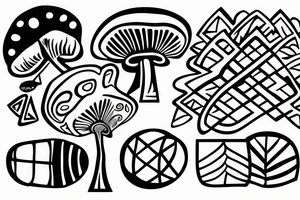 cave drawing of a shaman holding a mushroom, geometric curves, abstract tattoo idea