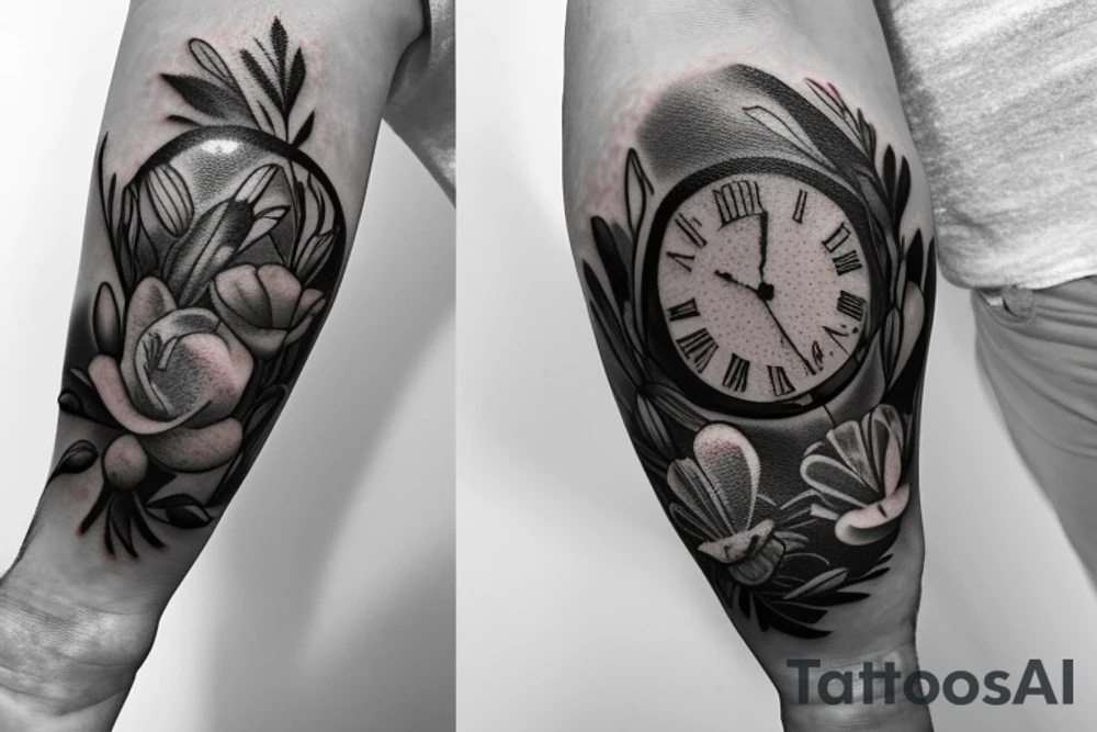 Pocket watch with poppy’s, gladiolus, leaves, water lily, Daisy and baby foot prints tattoo idea
