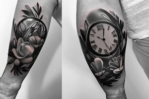Pocket watch with poppy’s, gladiolus, leaves, water lily, Daisy and baby foot prints tattoo idea
