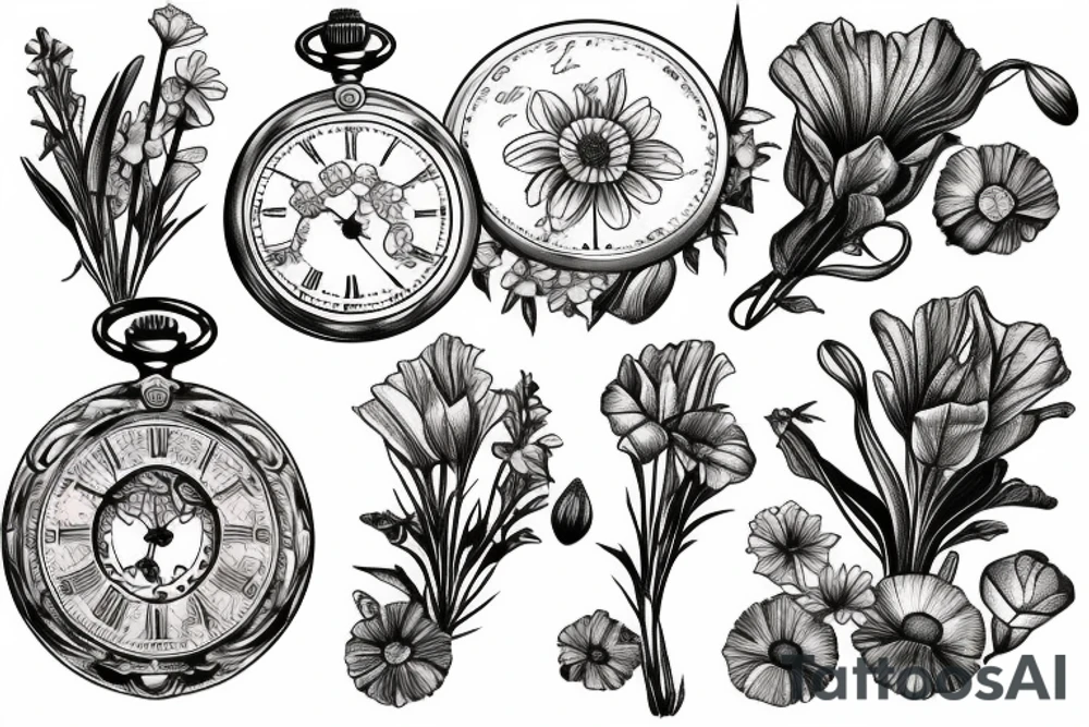 Pocket watch with poppy’s, gladiolus, leaves, water lily, Daisy and baby foot prints tattoo idea