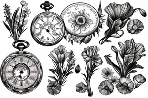 Pocket watch with poppy’s, gladiolus, leaves, water lily, Daisy and baby foot prints tattoo idea