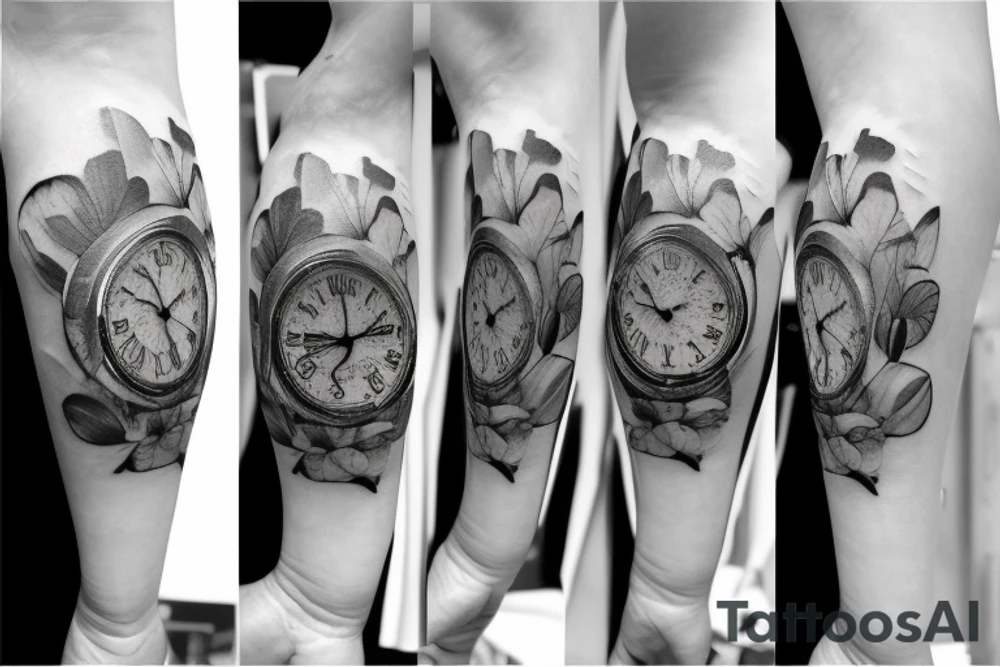 Pocket watch with poppy’s, gladiolus, leaves, water lily, Daisy and baby foot prints tattoo idea
