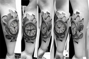 Pocket watch with poppy’s, gladiolus, leaves, water lily, Daisy and baby foot prints tattoo idea
