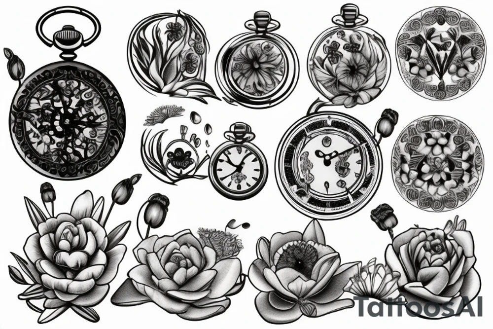 Pocket watch with poppy’s, gladiolus, leaves, water lily, Daisy and baby foot prints tattoo idea
