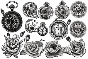 Pocket watch with poppy’s, gladiolus, leaves, water lily, Daisy and baby foot prints tattoo idea