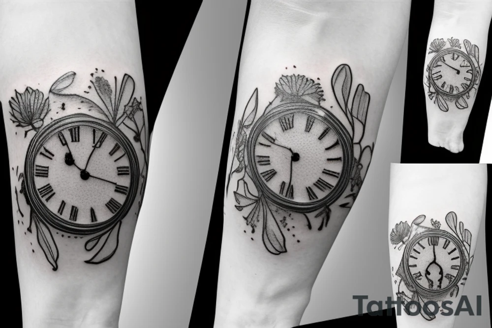 Pocket watch with poppy’s, gladiolus, leaves, water lily, Daisy and baby foot prints tattoo idea