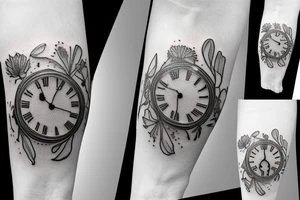 Pocket watch with poppy’s, gladiolus, leaves, water lily, Daisy and baby foot prints tattoo idea