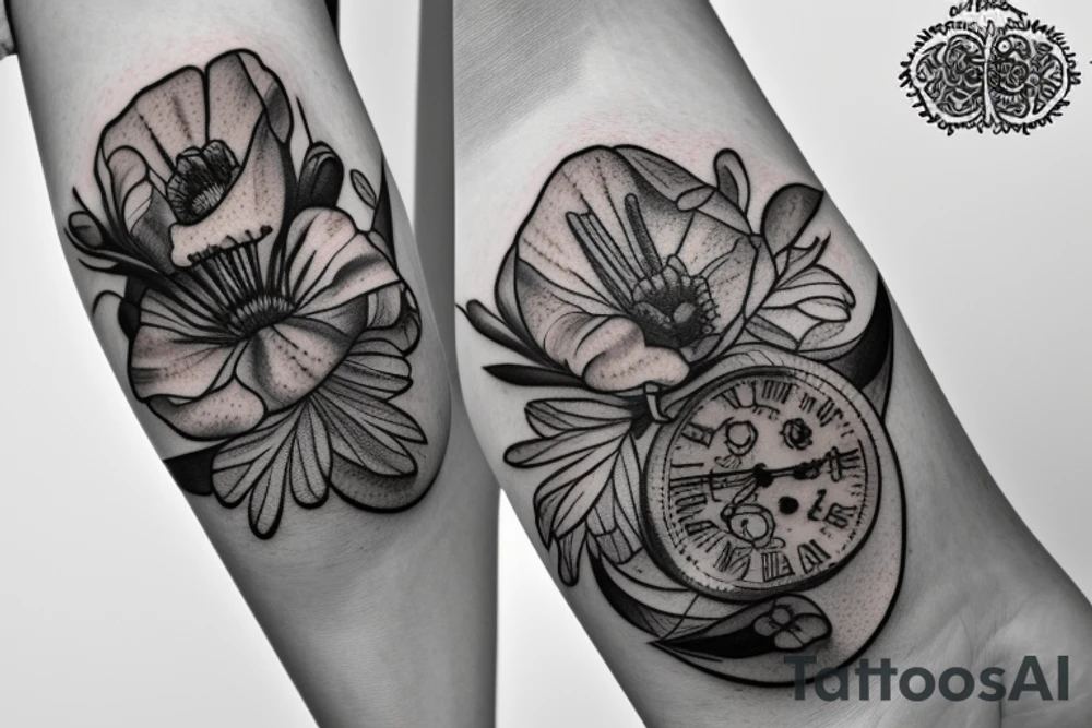 Pocket watch with poppy’s, gladiolus, leaves, water lily, Daisy and baby foot prints tattoo idea