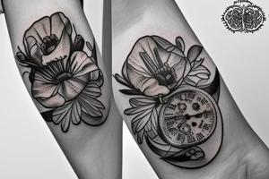 Pocket watch with poppy’s, gladiolus, leaves, water lily, Daisy and baby foot prints tattoo idea