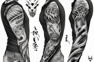 Demonfox hanging with it's claws in skin and faces that protrudes from skin. Sleevetattoo. tattoo idea