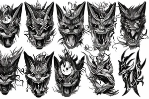 Demonfox hanging with it's claws in skin and faces that protrudes from skin. Sleevetattoo. tattoo idea