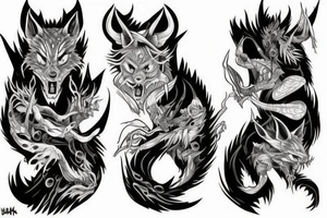Demonfox hanging with it's claws in skin and faces that protrudes from skin. Sleevetattoo. tattoo idea