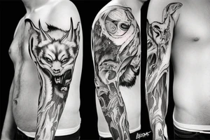 Demonfox hanging with it's claws in skin and faces that protrudes from skin. Sleevetattoo. tattoo idea
