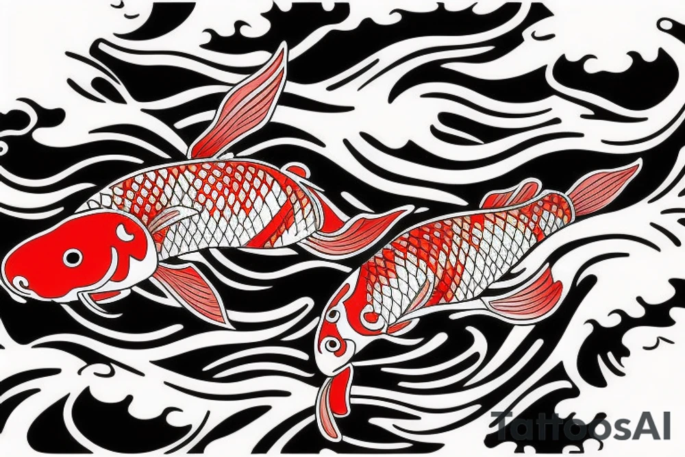 Red and white koi fish swimming upstream, detailed, realistic tattoo idea