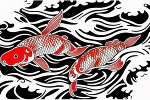 Red and white koi fish swimming upstream, detailed, realistic tattoo idea