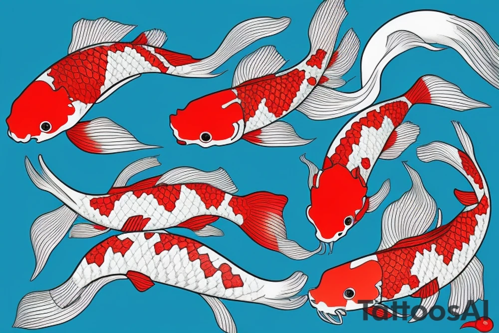 Red and white koi fish swimming upstream, detailed, realistic tattoo idea