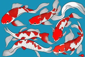 Red and white koi fish swimming upstream, detailed, realistic tattoo idea