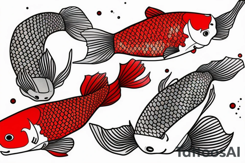 Red and white koi fish swimming upstream, detailed, realistic tattoo idea