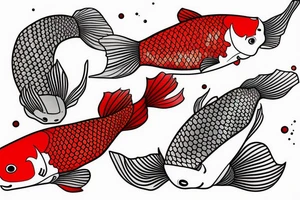 Red and white koi fish swimming upstream, detailed, realistic tattoo idea