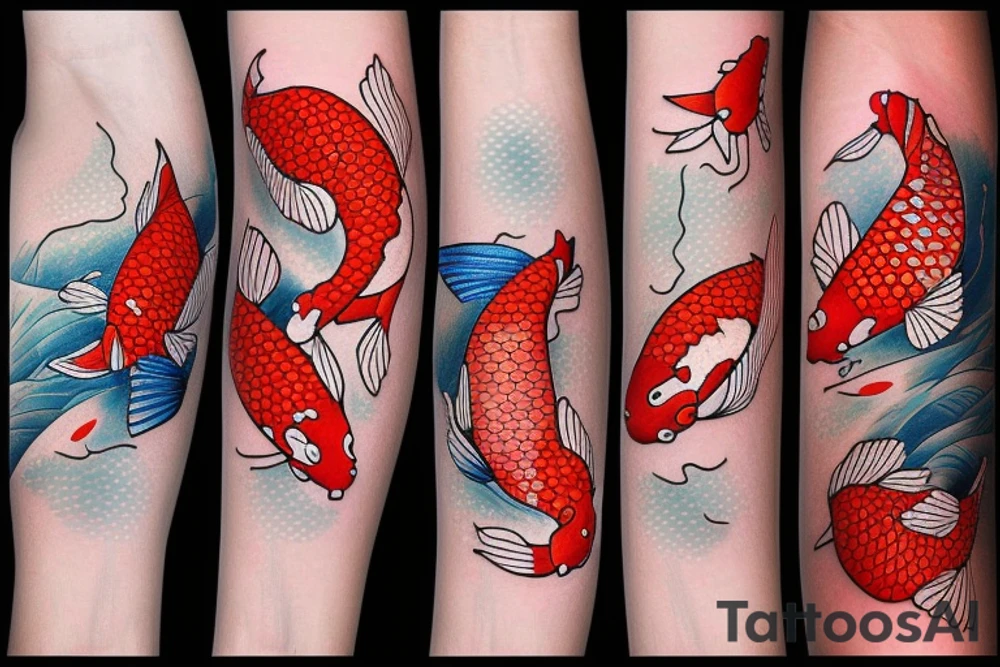 Red and white koi fish swimming upstream, detailed, realistic tattoo idea