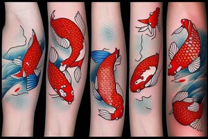 Red and white koi fish swimming upstream, detailed, realistic tattoo idea