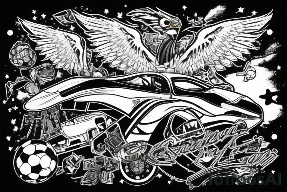 a falcon on a racing car, in a soccer stadium tattoo idea