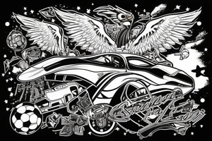 a falcon on a racing car, in a soccer stadium tattoo idea