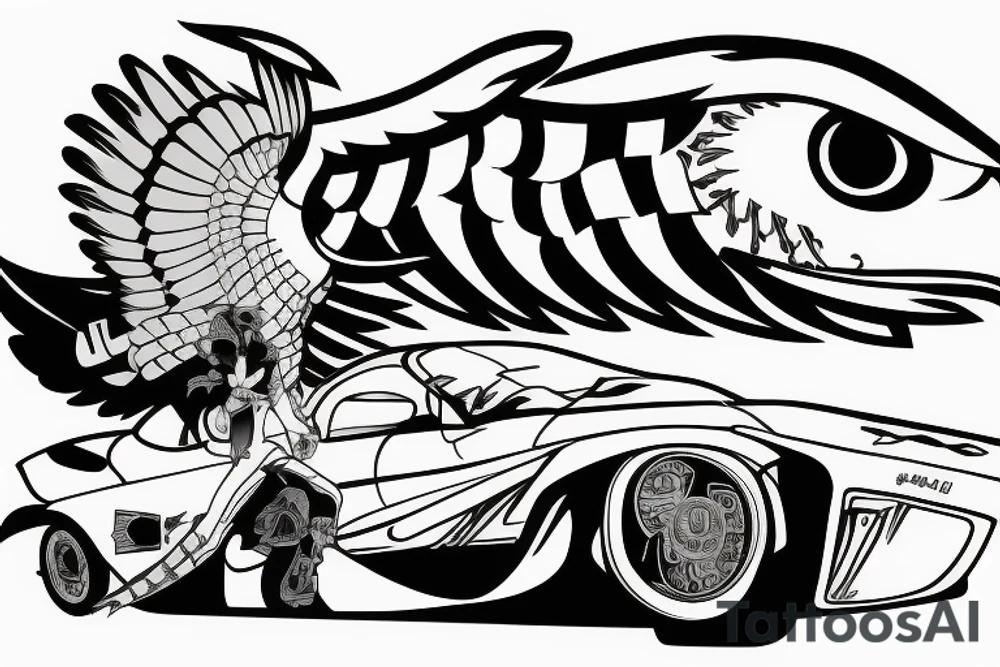 a falcon on a racing car, in a soccer stadium tattoo idea