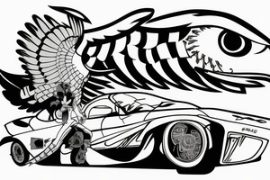 a falcon on a racing car, in a soccer stadium tattoo idea