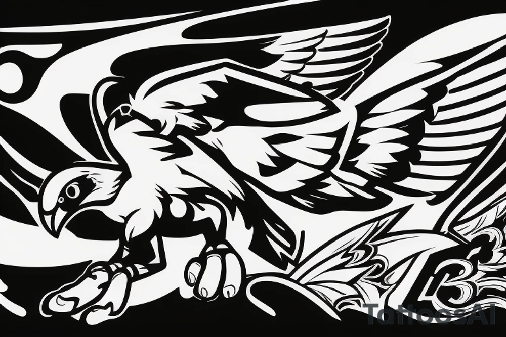 a falcon on a racing car, in a soccer stadium tattoo idea