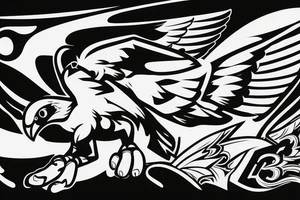 a falcon on a racing car, in a soccer stadium tattoo idea