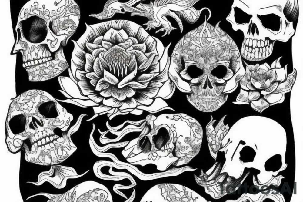 Dragon tattoo with lotus flower and skull tattoo idea