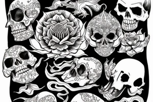 Dragon tattoo with lotus flower and skull tattoo idea