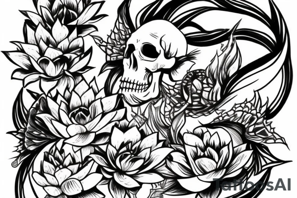 Dragon tattoo with lotus flower and skull tattoo idea