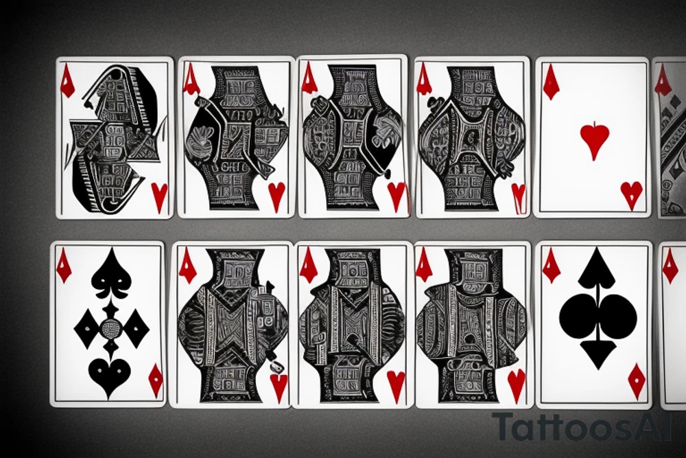 3 playing cards behind each other
ace of spades
4 of hearts
9 of clubs tattoo idea
