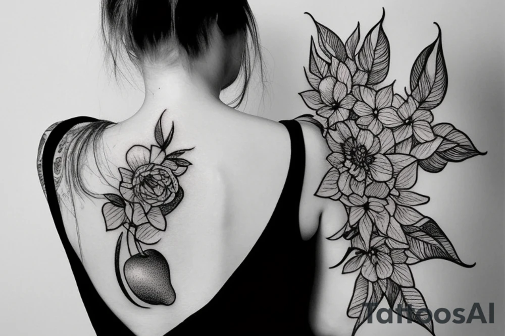 A large tattoo incorporates a silhouette of a woman holding an apple, many black and white flower petals, black and white line work, extremely detailed, pen and paper, intricate pen work tattoo idea