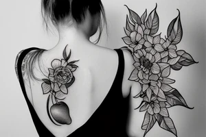 A  large tattoo incorporates a silhouette of a woman holding an apple, many black and white flower petals, black and white line work, extremely detailed, pen and paper, intricate pen work tattoo idea