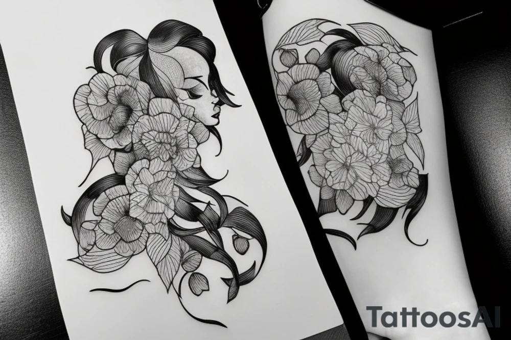A large tattoo incorporates a silhouette of a woman holding an apple, many black and white flower petals, black and white line work, extremely detailed, pen and paper, intricate pen work tattoo idea