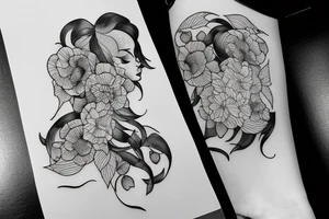 A  large tattoo incorporates a silhouette of a woman holding an apple, many black and white flower petals, black and white line work, extremely detailed, pen and paper, intricate pen work tattoo idea
